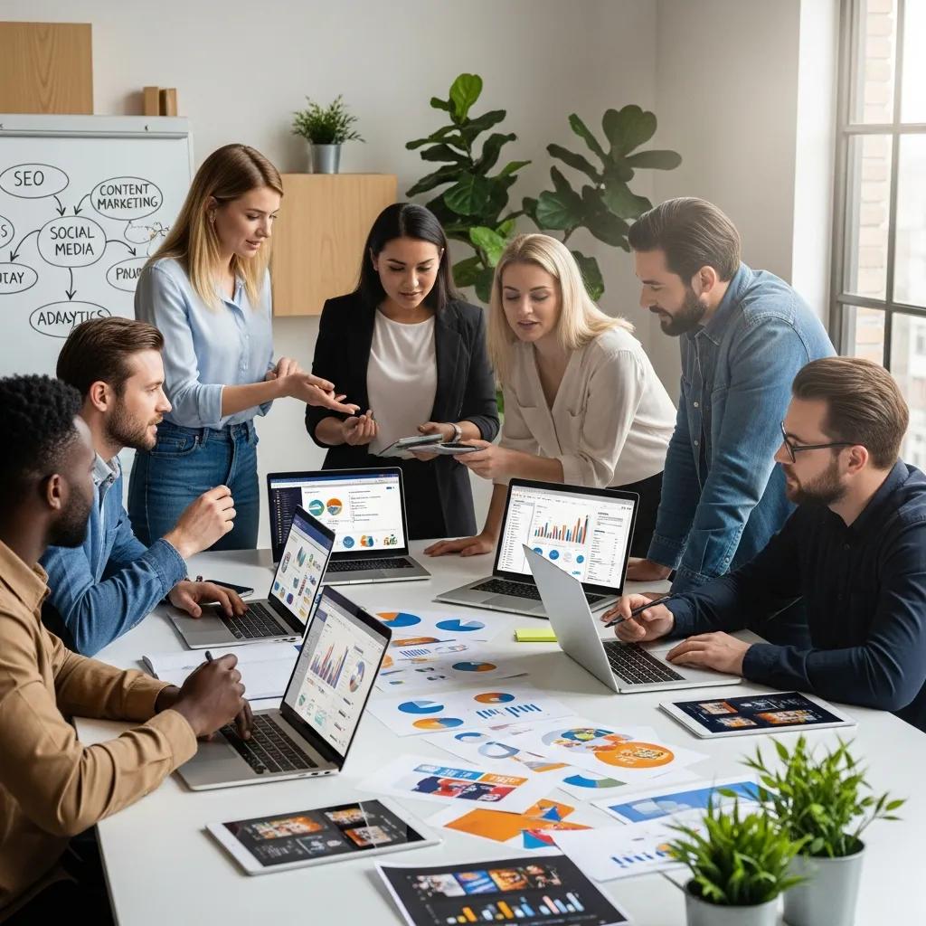 Diverse professionals collaborating on digital marketing strategies in a modern office
