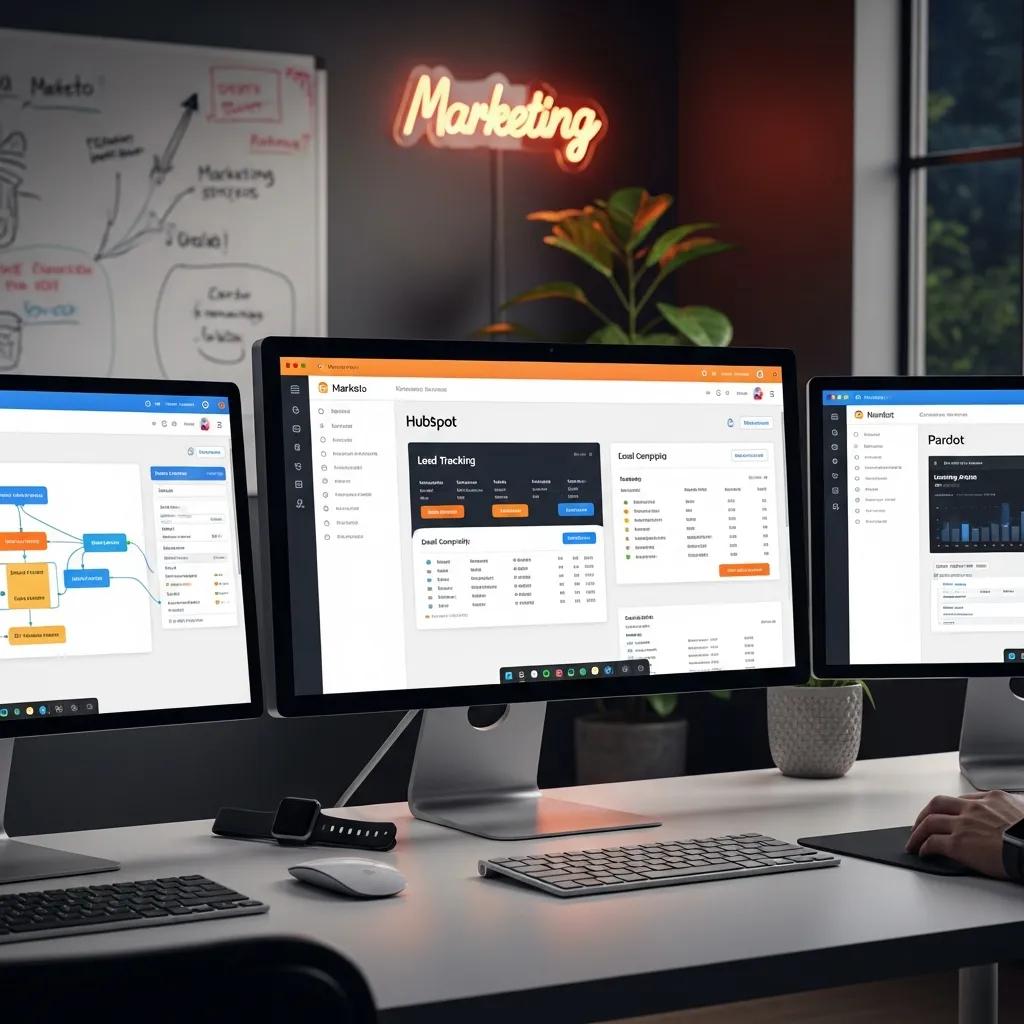 Showcase of popular marketing automation tools like HubSpot, Marketo, and Pardot in a tech-savvy workspace