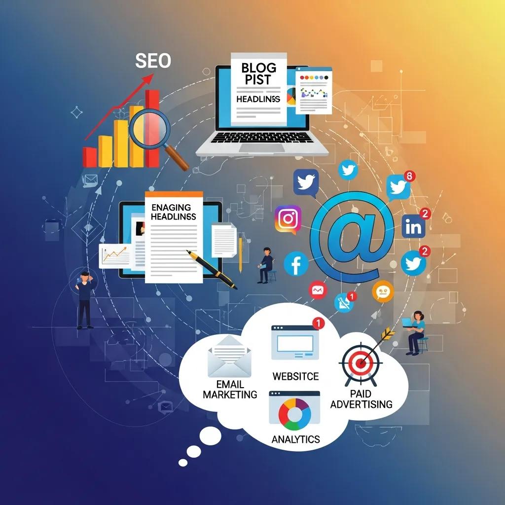 Visual representation of digital marketing services including SEO, content creation, and social media management