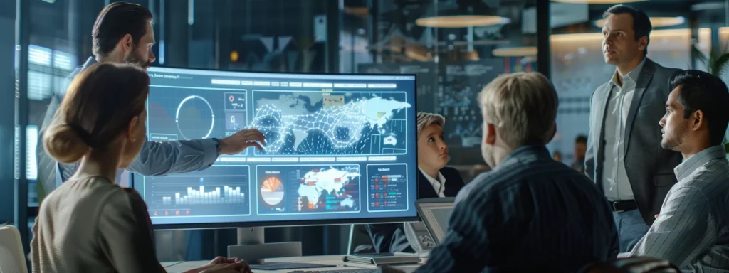 a professional business team collaborates around a computer screen displaying the ba insight ai search platform interface.