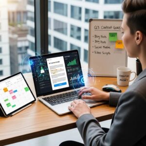 Modern workspace with AI content generation software on a laptop, symbolizing digital marketing innovation