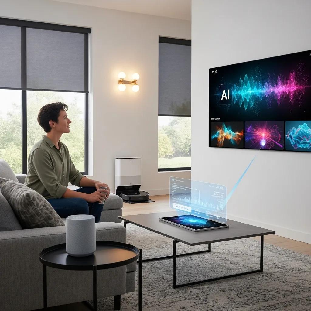 Smart home environment with interconnected devices and a person interacting with a smart speaker, showcasing AI integration
