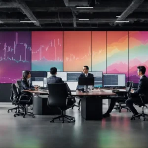a sleek, modern office space filled with large monitors displaying colorful graphs and data analytics, with a team of professionals discussing strategies around a conference table.