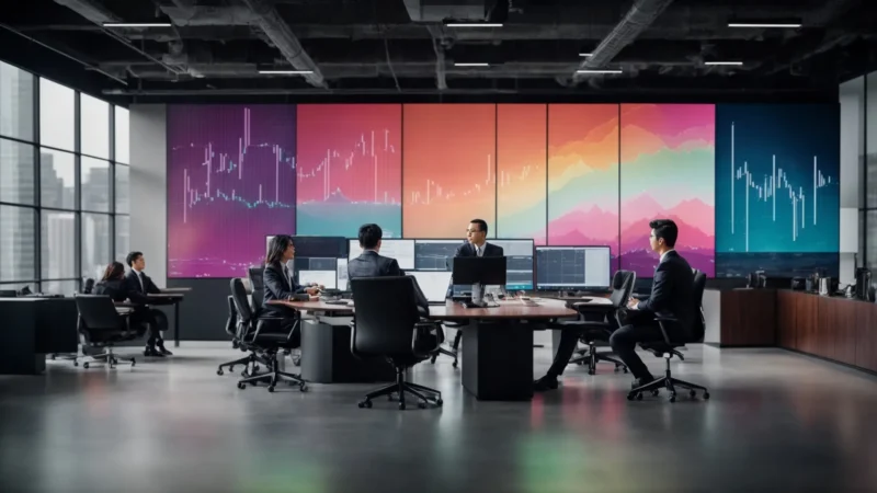 a sleek, modern office space filled with large monitors displaying colorful graphs and data analytics, with a team of professionals discussing strategies around a conference table.